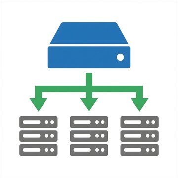 A conceptual illustration of a central server distributing data to multiple client server nodes.