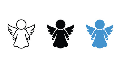Fototapeta premium Set of angel icons in different styles, including outline, solid black, and blue flat design, representing spiritual or religious concepts