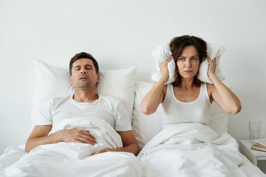 Frustrated woman covering ears with pillow while her partner is snoring loudly in bed