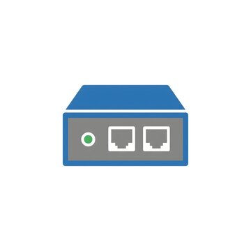 Minimalist flat vector icon of a network router with ethernet ports.