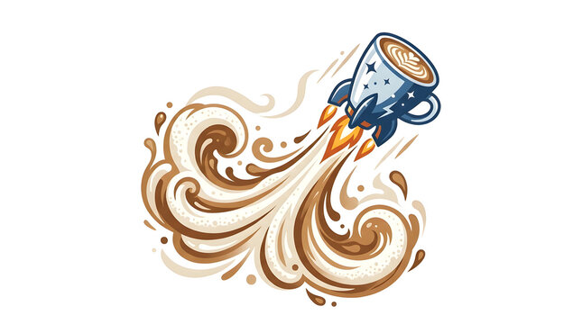 Creative illustration of a coffee mug rocket taking off with a dynamic latte swirl exhaust trail, caffeine energy concept art, stylized espresso cup on white background.