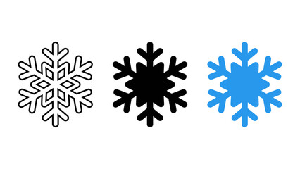 Set of three snowflake icons in different styles, including outline, solid black, and blue flat design, perfect for winter and holiday season graphics © Growup Pixel