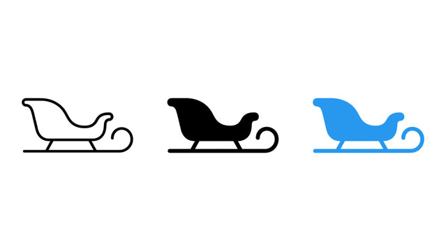 Set of three christmas sleigh icons, outline, solid, and blue vector illustrations