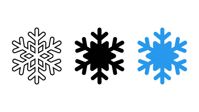 Set of three snowflake icons in different styles, including outline, solid black, and blue flat design, perfect for winter and holiday season graphics