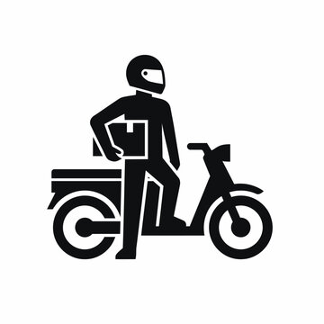 Delivery man on scooter carrying package, motorcycle courier icon, speed and efficiency concept