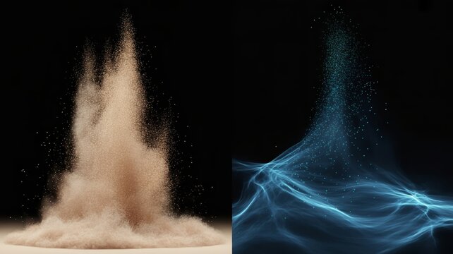 Abstract composition of a sand explosion on the left and glowing blue energy particles on the right against a black background