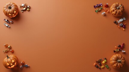 Fototapeta premium Halloween background with glowing jack o lanterns and candies on an orange surface
