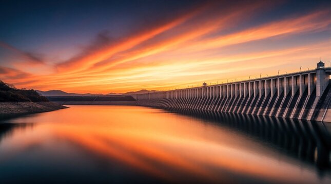 Massive concrete dam structure beside calm water reservoir. Vibrant orange sunset sky reflects on smooth lake surface. Majestic engineering against colorful twilight horizon.