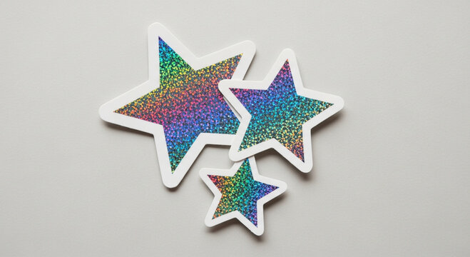 Three holographic glitter star stickers in rainbow colors arranged on a plain gray background