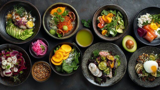 Assortment of healthy food dishes with fresh vegetables, colorful salads, grains, fruits and nutritious ingredients arranged on a table, top view of balanced healthy eating and clean diet meal selecti