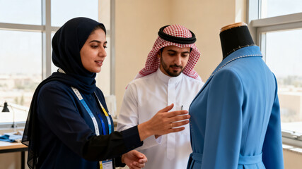 Fototapeta premium Saudi fashion advisor and client reviewing a responsibly designed blue tailored jacket Hail independent clothing atelier, soft window daylight, calm beige and blue, authentic Saudi setting