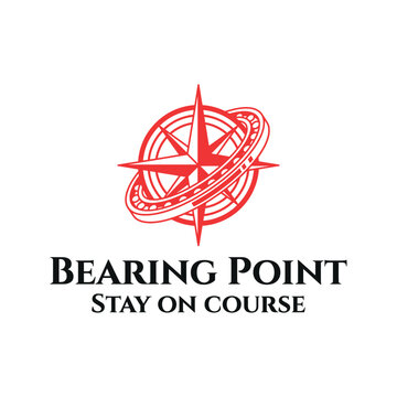 Bearing point compass star with mechanical ball bearing ring for navigation direction travel orientation logo design