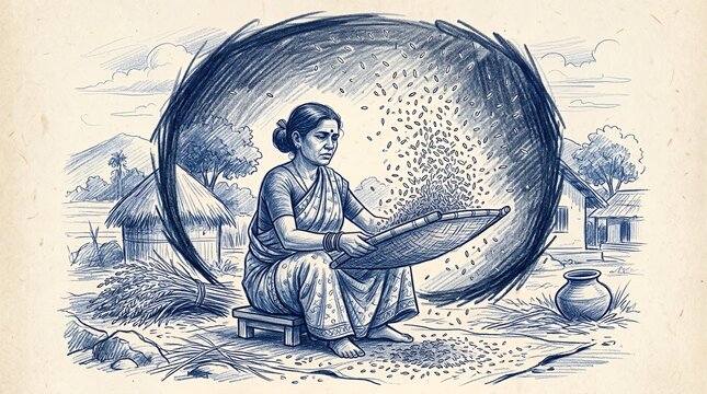 Sketch of woman winnowing grain in rural village.