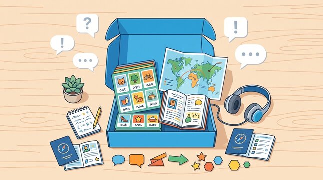 Language learning subscription box with vocabulary cards, dictionary, world map and headphones, representing multilingual education, communication and global learning.
