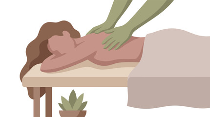Obraz premium Flat design vector illustration of a person receiving a back massage on a table, with a plant nearby