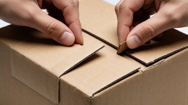Hands assemble cardboard box closing flaps. Close-up view packing item for shipping or storage. Preparing package for delivery or transport.