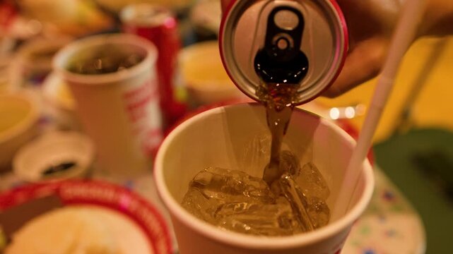 Pouring Cola From Aluminum Can Into Paper Cup With Ice