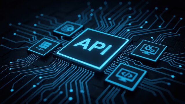 A glowing API chip on a dark blue circuit board with digital connections and various icons. Illustrates software development, data integration, and technology concepts.