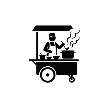 Silhouette of a Professional Street Food Vendor Cooking Hot Soup on a Mobile Food Cart Vector Icon