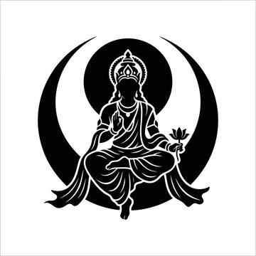Vector black silhouette of a Hindu goddess deity seated in lotus pose with spiritual floral elements and moon background