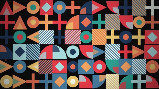 Vibrant geometric shapes and colorful abstract patterns moving on black background, concept for graphic design, modern art and creative motion graphics