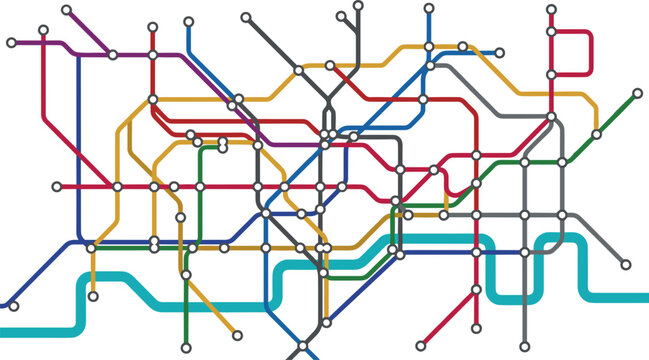 Abstract Underground Tube Station Network Map Scheme with Colorful Intersecting Metro Lines and Transit Route Points for Urban City Navigation Designs