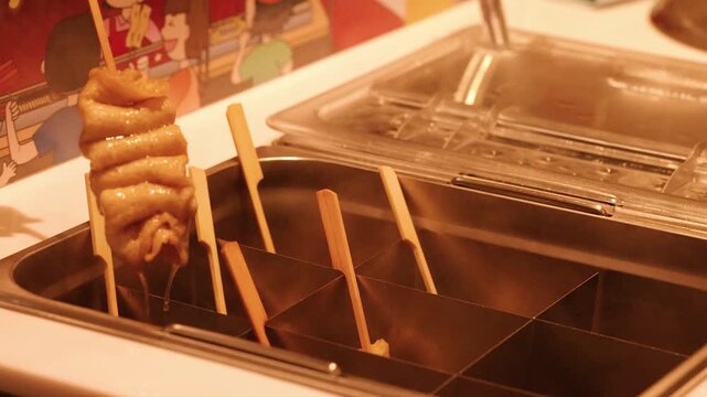 Japanese Oden Fish Cake Skewers in Steaming Hot Pot Broth