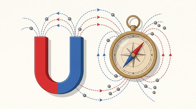 Horseshoe magnet and compass with magnetic field curves and directional indicators, illustrating polarity, magnetic force and navigation principles.