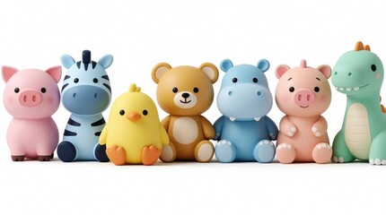 Fototapeta premium Cute cartoon baby animals arranged in a row. Pink pig, blue zebra, yellow chick, brown bear, blue hippo, pink piggy bank pig, and green dinosaur toys sit together on white.