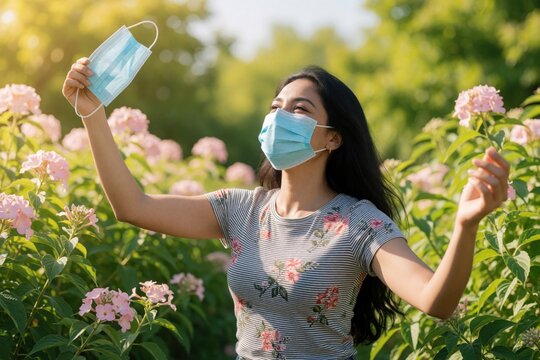 Woman removes face mask outdoors amidst blooming flowers in sunlight. She embraces freedom after quarantine ends. Celebrating recovery and a return to normal life.