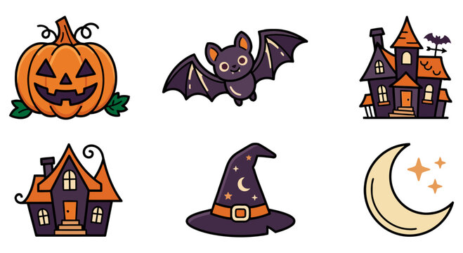 Halloween Vector Icon Set with Pumpkin, Bat, Haunted House, Witch Hat, and Crescent Moon