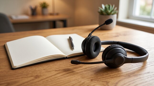 Reproductive health helpline headset on wooden desk