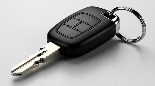 Car key fob with metal blade and keyring. Modern automobile remote control for access and security. Closeup view on neutral grey background. Blank buttons for personalization.