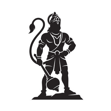 Lord Hanuman black silhouette vector illustration holding mace weapon standing pose isolated on white background