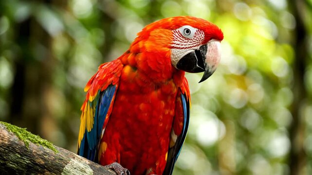 Close-up portrait of a red scarlet macaw parrot perched on a mossy branch in a tropical rainforest, showing detailed red, blue, and yellow feathers with a blurred green jungle background.