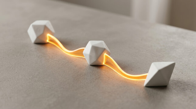 Glowing strategic navigation path winding through geometric stone objects creates futuristic guidance and calm visual movement across neutral