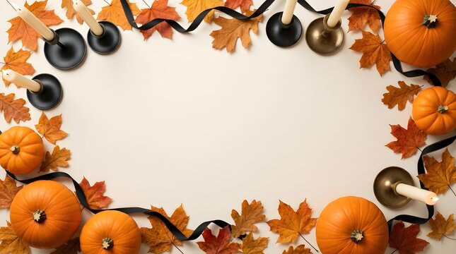 Autumn Flat Lay Frame with Pumpkins, Leaves, and Candles with Copy Space