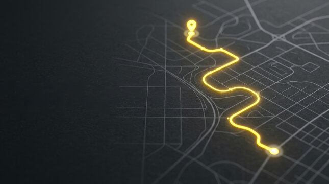 Strategic navigation glowing path across dark city map guides travel planning with bright route markers and connected streets