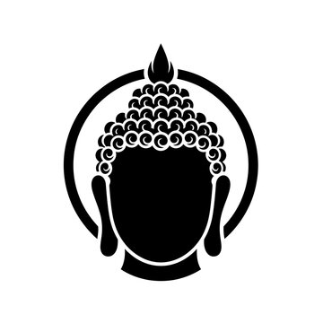 Minimalist Buddha head vector icon in black and white stylized circle graphic