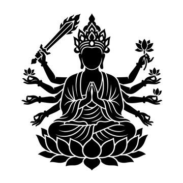 Black Silhouette Illustration of a Multi-Armed Deity Meditating on a Lotus Throne with Symbolic Objects in Hands