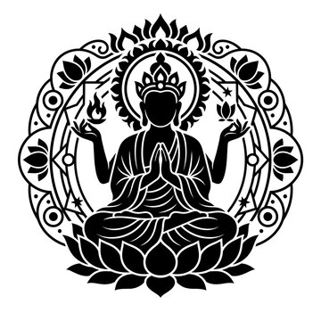 Black and White Silhouette Illustration of a Meditating Deity Seated on a Sacred Lotus Flower with Intricate Circular Ornate Mandala Pattern