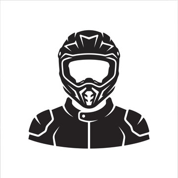 Monochromatic Biker Avatar Illustration Featuring a Detailed Motocross Helmet and Protective Racing Gear for Extreme Sports Enthusiasts