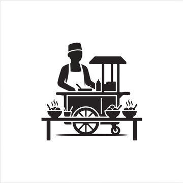Silhouette icon of street food vendor serving soup and meatballs from a traditional mobile cart stall for urban lifestyle design