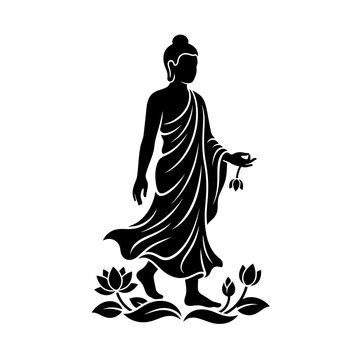Serene silhouette of an enlightened spiritual figure walking among sacred lotus flowers, symbolizing peace, purity, and a profound spiritual journey towards wisdom and tranquility