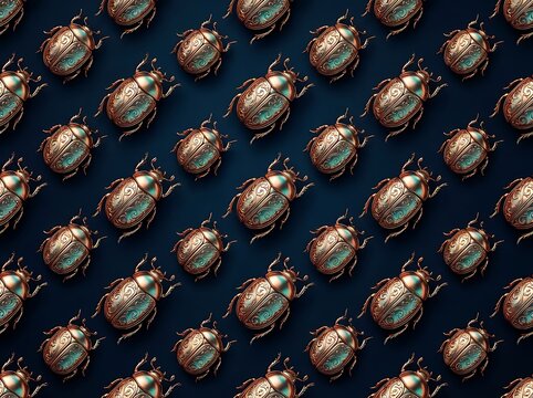 Metallic beetle patterns featuring repeating golden scarab insects with teal accents on dark blue background