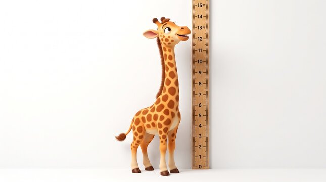 Cute cartoon giraffe standing next to a wooden height chart measuring growth in feet