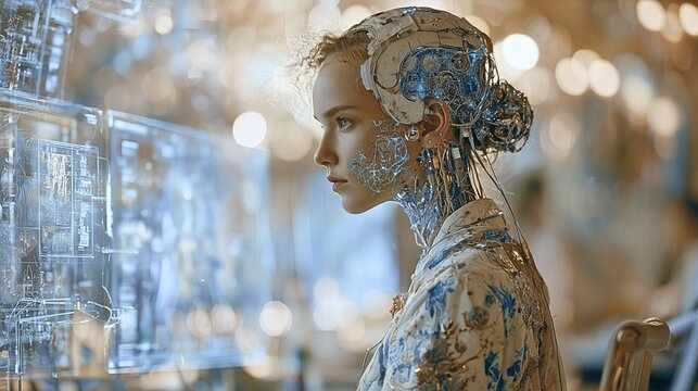 未来の研究室でデジタル画面を操作する女性型サイボーグ、AIと人間が共存する未来社会のイメージ