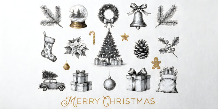 Set of hand drawn sketch christmas icons for festive holiday design projects