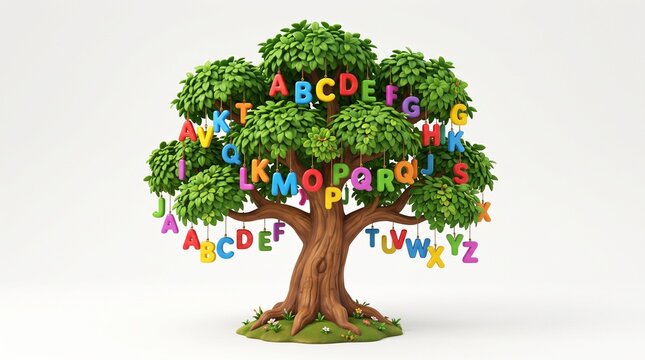Whimsical Alphabet Tree with Colorful Letters Hanging from Branches