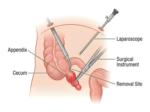 Laparoscopic Appendectomy Surgery Medical Illustration Showing Appendix Removal and Cecum Anatomy Diagram Isolated